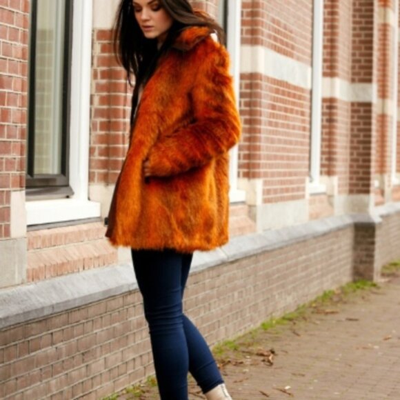 Stunning Rare H&M Studio Coll. Limited Etd Burnt Orange Faux Fur Coat EUC Sz 12 - Picture 3 of 8